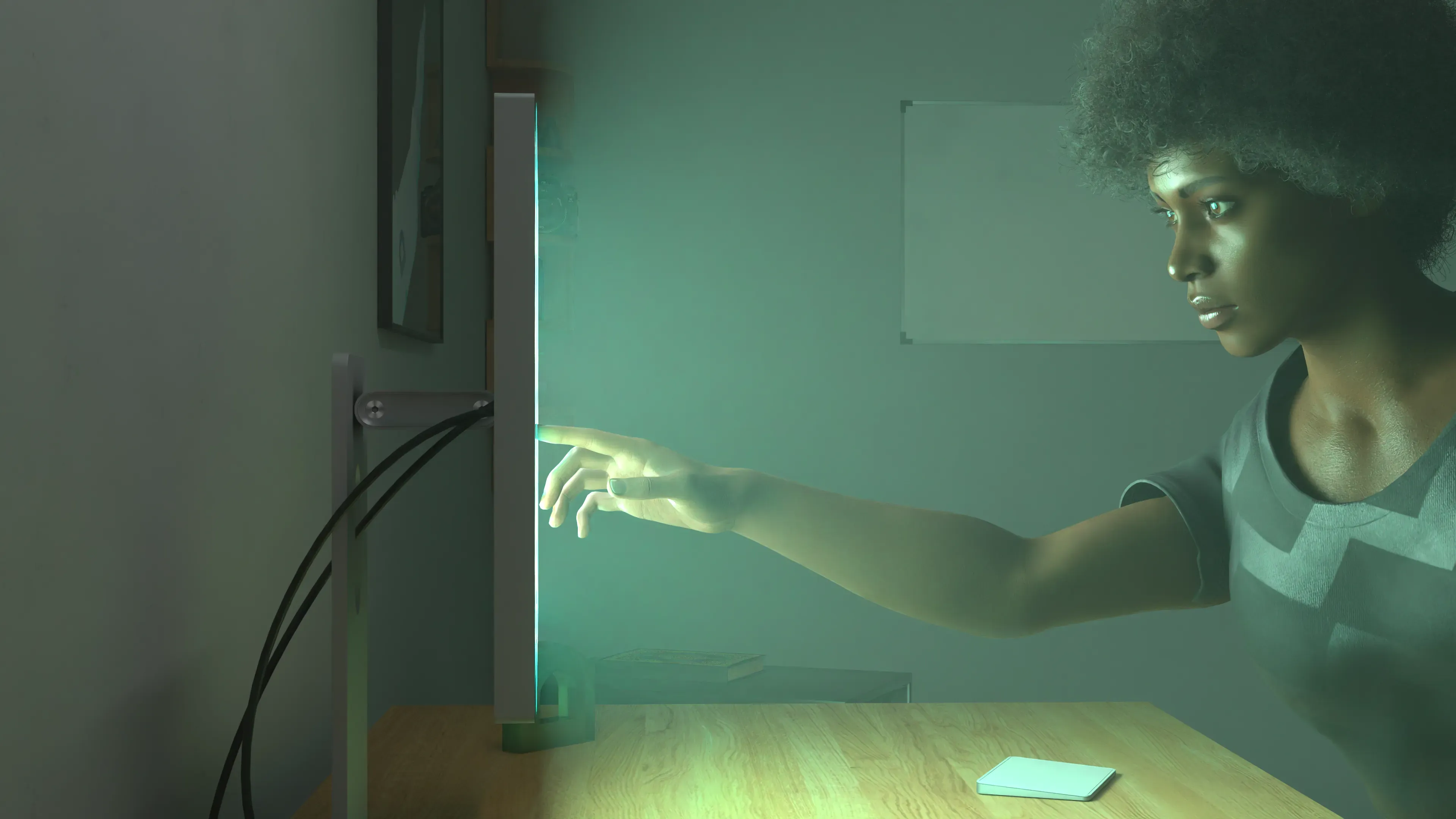 A person reaching out to touch a glowing screen